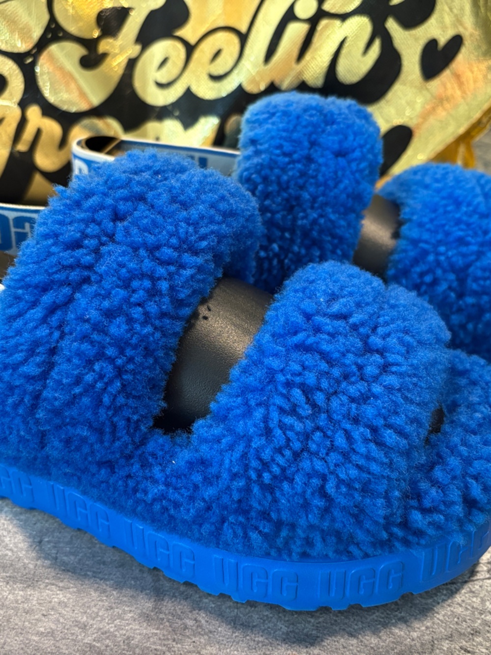 UGG Women's Electric Blue Fluff Slide Sandals